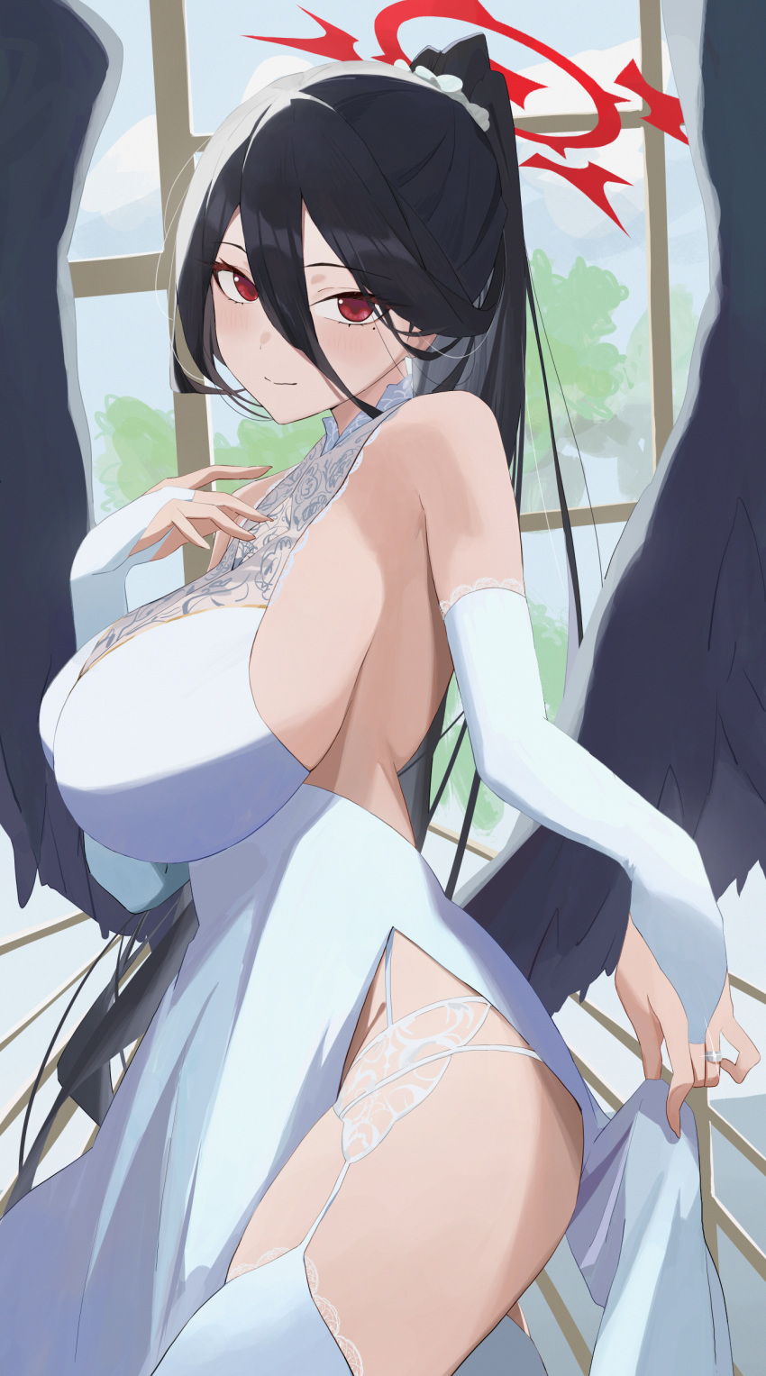 1girl absurdres alternate_costume bare_shoulders black_hair black_wings blue_archive breasts bridal_gauntlets clothes_lift commentary_request day dress dress_lift edible_sus feathered_wings from_side glint hair_between_eyes halo hand_up hasumi_(blue_archive) highres huge_breasts jewelry large_wings lifted_by_self long_hair looking_at_viewer looking_to_the_side low_wings mole mole_under_eye red_eyes red_halo ring side_slit sideboob sleeveless sleeveless_dress solo thighhighs very_long_hair wedding_dress white_dress white_thighhighs window wings