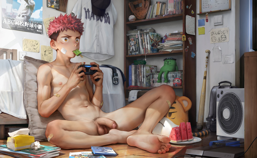 1boy absurdres bad_id bad_pixiv_id bandaid bandaid_on_arm bandaid_on_cheek bandaid_on_face bandaid_on_hand bandaid_on_knee bandaid_on_leg barefoot beitemian brown_eyes controller facial_mark feet feet_out_of_frame flaccid food food_in_mouth game_controller highres holding holding_controller holding_game_controller itadori_yuuji jujutsu_kaisen male_focus male_pubic_hair navel nipples nude penis pink_hair playing_games playstation_controller popsicle pubic_hair short_hair sitting soles solo testicles tissue_box toes toned toned_male uncensored undercut