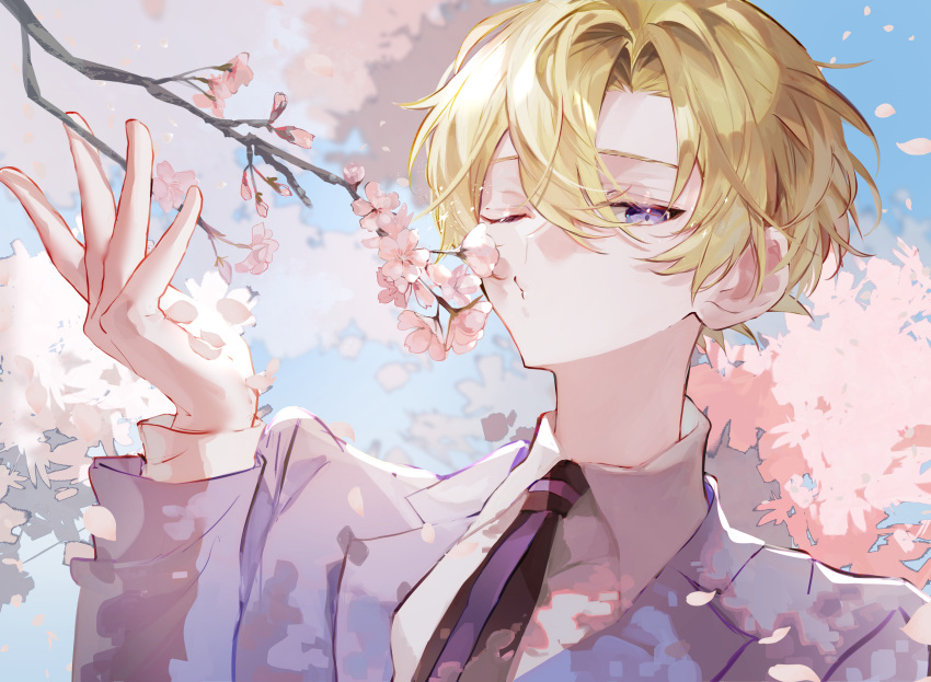 1boy absurdres black_necktie blonde_hair blowing_kiss blue_eyes blue_sky blue_suit branch cherry_blossoms collared_shirt falling_petals hair_between_eyes hair_intakes hand_up highres long_sleeves looking_at_viewer male_focus necktie one_eye_closed ouran_high_school_host_club ouran_high_school_uniform petals school_uniform shirt short_hair sky solo suit suou_tamaki u-sama_(u_summer0719) white_shirt