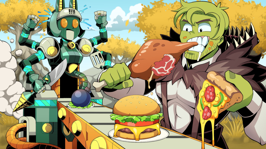 absurdres beowulf_(skullgirls) bomb boned_meat burger cosplay explosive food highres holding holding_food holding_pizza holding_spatula meat pechamaju pizza robo-fortune shrek shrek_(cosplay) spatula