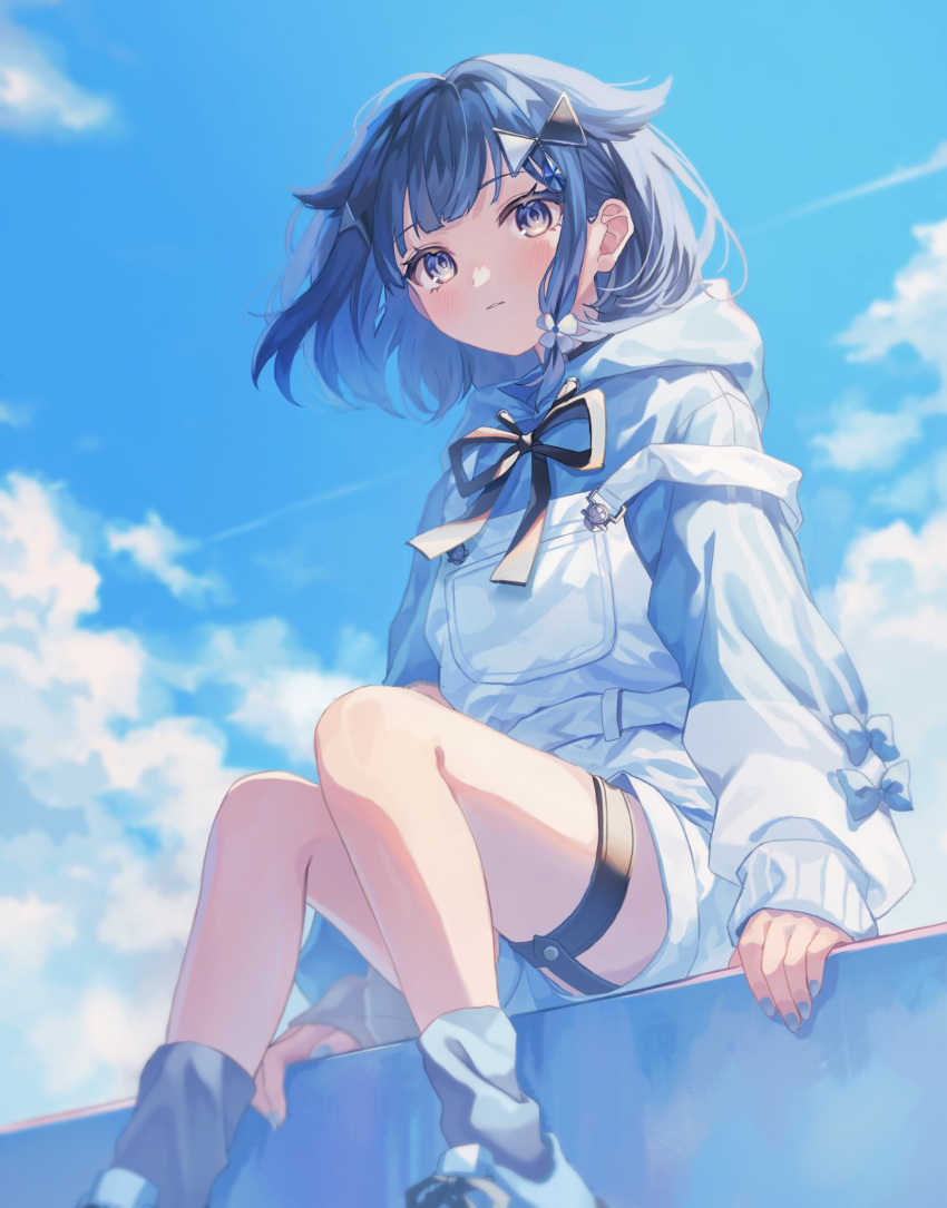 1girl akr_tmr bare_legs blue_eyes blue_footwear blue_hair blue_hoodie blue_nails blue_sky blush character_request cloud cloudy_sky copyright_request day feet_out_of_frame grey_socks hair_ornament highres hood hood_down hoodie knees_together_feet_apart long_sleeves looking_at_viewer medium_hair nail_polish outdoors overalls parted_lips shoes sidelocks sky sneakers socks solo strap_slip thigh_strap white_overalls