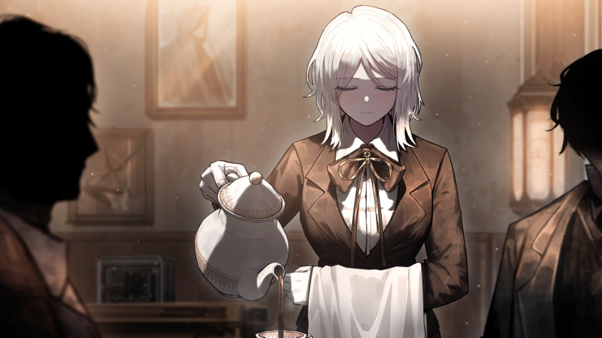 1girl 2others brown_jacket closed_eyes closed_mouth collared_shirt cup faust_(project_moon) game_cg gloves grey_jacket highres holding holding_teapot jacket lantern limbus_company multiple_others nai_ga neck_ribbon official_art portrait_(object) project_moon ribbon shirt solo_focus table tea teacup teapot white_gloves white_hair white_shirt