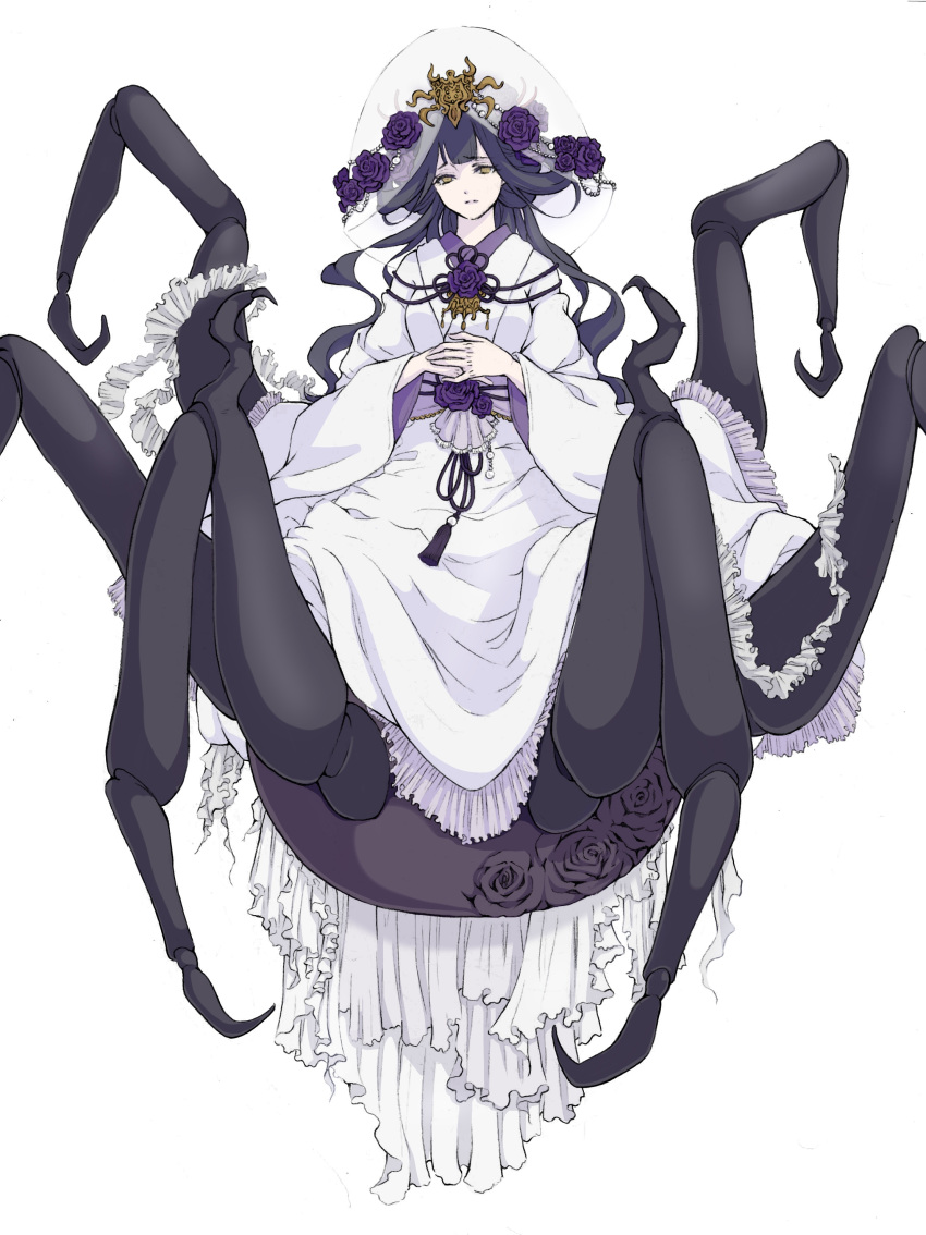 1girl absurdres arthropod_girl arthropod_limbs black_hair commentary_request dress flower frilled_dress frills frown head_tilt highres hood hood_up japanese_clothes kimono long_hair looking_at_viewer monster_girl monster_hunter_(series) monster_hunter_rise own_hands_together pale_skin personification purple_flower purple_rose rakna-kadaki rose ruri_(ruriblackrose001) see-through_headwear solo spider_girl spikes standing taur uchikake white_background white_dress yellow_eyes