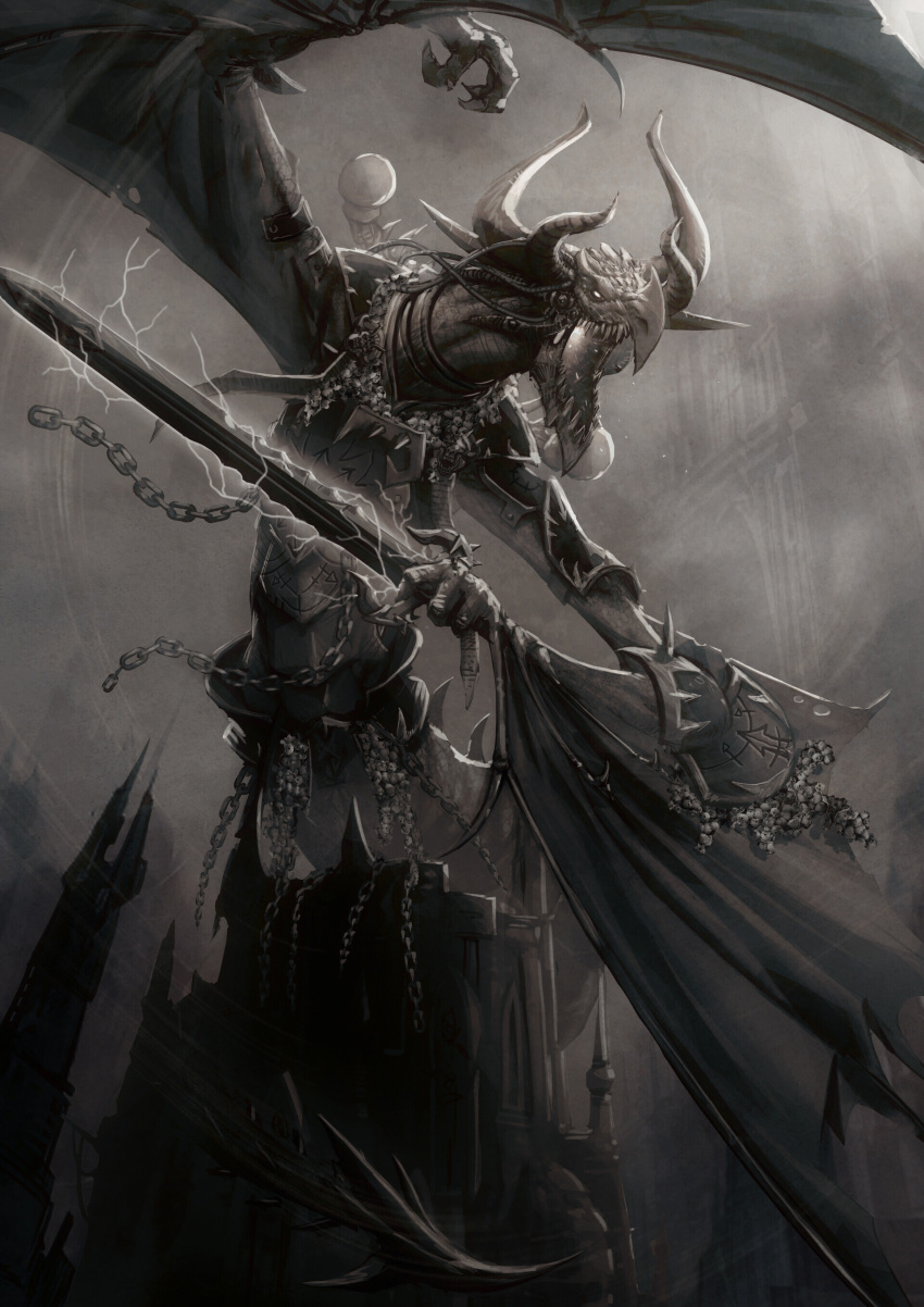 absurd_res angry anthro avian_demon beak chaos_daemon daemon_prince demon demon_dragon dragon european_mythology giant_wings hi_res holding_object holding_sword holding_weapon horn macro magic_sword male melee_weapon mythological_creature mythological_scalie mythology phobos_the_demon_wyvern scalie shane_cook_(artstation) solo sword warhammer_(franchise) warhammer_fantasy weapon western_dragon wyvern