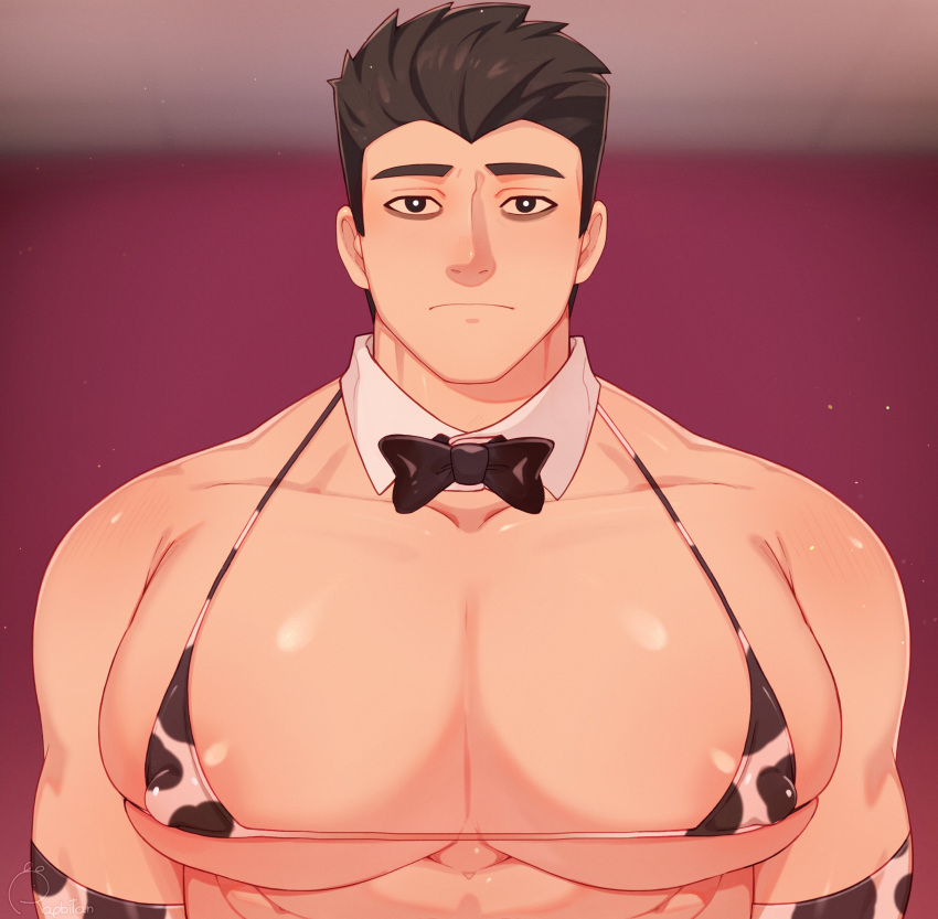 1boy absurdres animal_print bara bikini black_hair blurry blurry_background bow bowtie closed_mouth covered_nipples cow_print cow_print_bikini detached_collar francis_mosses highres large_pectorals looking_at_viewer male_focus muscular muscular_male pectorals print_bikini rapbitan shirt short_hair solo swimsuit that's_not_my_neighbor white_shirt