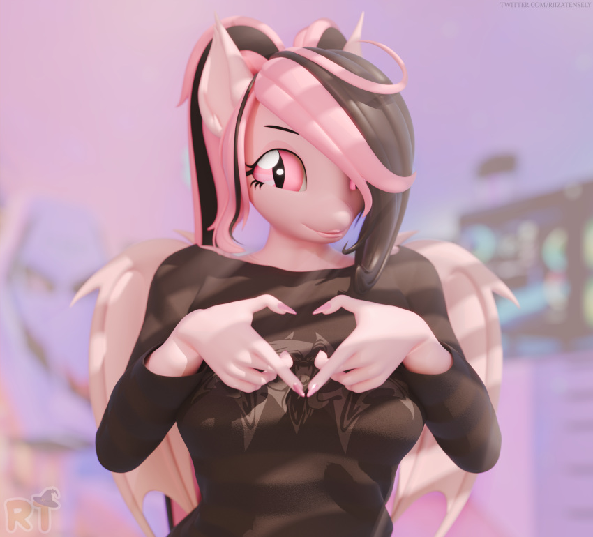 3d_(artwork) absurd_res anthro bat_pony black_hair clothing digital_media_(artwork) equid fan_character gesture hair hand_heart hasbro heart_symbol hi_res lulu_(oc) mammal multicolored_hair my_little_pony pink_body pink_eyes pink_hair pupils riizatensely slit_pupils two_tone_hair