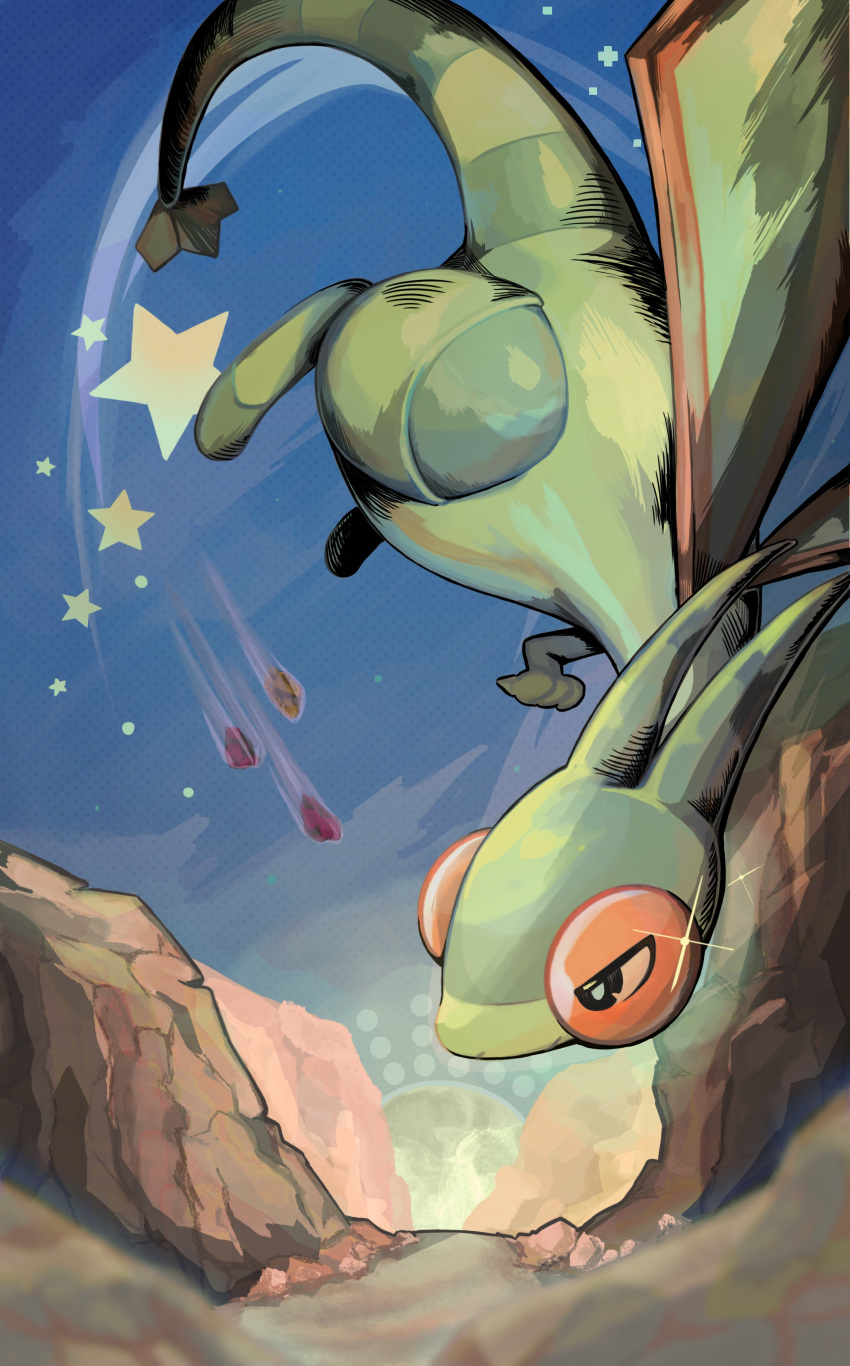 absurdres antennae black_eyes blue_sky flygon flying highres looking_to_the_side netugen33 no_humans outdoors pokemon pokemon_(creature) rock sky star_(symbol) sun tail wings