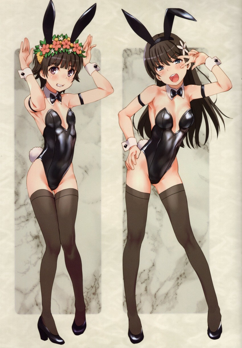 2girls absurdres black_leotard breasts brown_hair detached_collar fake_tail flower full_body hair_ornament hand_on_own_hip hand_up hands_up highleg highleg_leotard highres leotard long_hair looking_at_viewer multiple_girls open_mouth parted_lips rabbit_pose rabbit_tail raika9 saten_ruiko scan short_hair small_breasts standing strapless strapless_leotard tail teeth thighhighs toaru_kagaku_no_railgun toaru_majutsu_no_index uiharu_kazari upper_teeth_only v wrist_cuffs