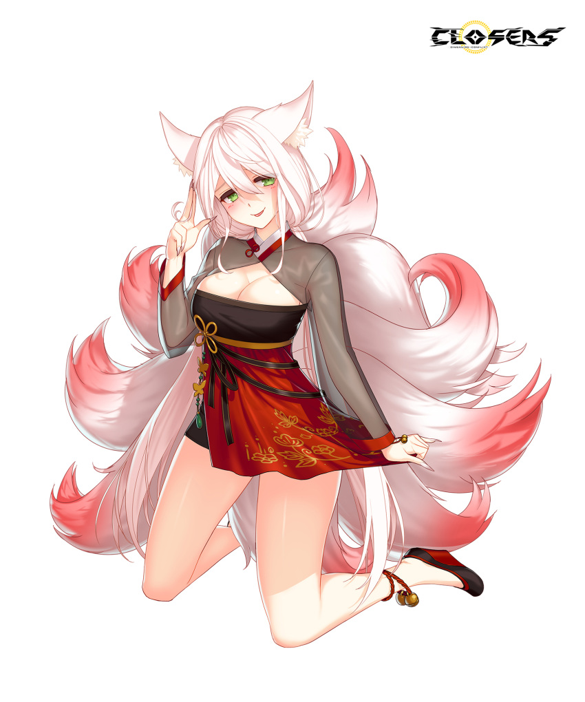 1girl :p alternate_hair_color animal_ear_fluff animal_ears ankle_bell black_dress black_footwear blush breasts cleavage cleavage_cutout closers clothing_cutout copyright_name dress dress_tug fingernails fox_ears fox_girl fox_tail full_body furrowed_brow green_eyes half-closed_eyes hand_up high_heels highres kitsune kneeling kyuubi large_breasts layered_dress logo long_fingernails long_hair long_sleeves looking_at_viewer low_twintails multiple_tails official_art pink_tail red_dress salute see-through see-through_sleeves solo soma_(closers) tachi-e tail tongue tongue_out twintails two-finger_salute two-tone_dress wedge_heels white_background white_hair