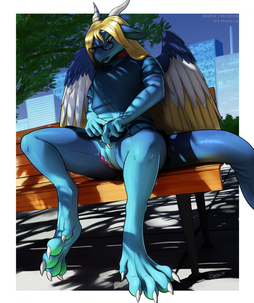 anthro bench blonde_hair blue_body blue_scales bottomwear building city claws clothing dragon eyewear feathered_wings feathers female genitals glasses hair hi_res levant_lazuli mythological_creature mythological_scalie mythology outside park_bench penetration pussy scales scalie sex_toy sex_toy_in_pussy sex_toy_insertion shirt skipsy skirt skyscraper solo toe_claws topwear vaginal vaginal_penetration vibrator vibrator_in_pussy wings