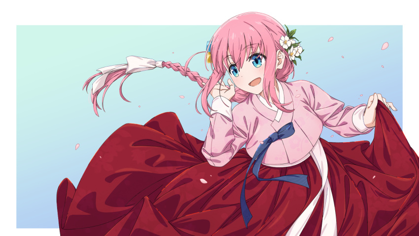 1girl alternate_hairstyle blue_eyes blue_ribbon bocchi_the_rock! braid chima_(clothes) clip_studio_paint_(medium) commission cube_hair_ornament gotoh_hitori hair_ornament hanbok highres korean_clothes long_hair long_skirt long_sleeves open_mouth pink_hair pink_top pixiv_commission red_skirt ribbon sanada_(tony2035176) sidelocks simple_background single_braid skirt smile solo