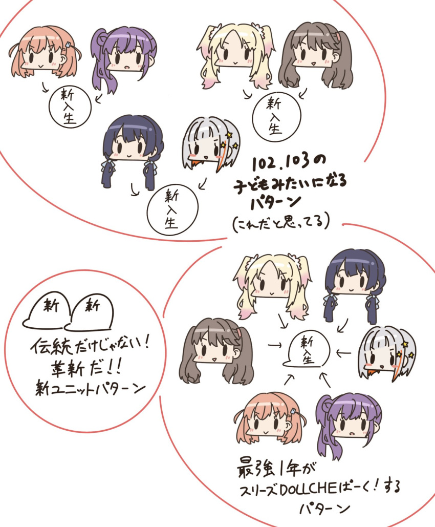 6+girls arrow_(symbol) blonde_hair blue_hair blue_ribbon bob_cut brown_hair cerise_bouquet chibi chibi_only colored_inner_hair commentary crossed_bangs dark_blue_hair diagonal_bangs diagram dollchestra flower fujishima_megumi gradient_hair grey_hair hair_bun hair_flower hair_ornament hair_ribbon highres hinoshita_kaho inverted_bob link!_like!_love_live! llkapital long_hair love_live! low_twintails medium_hair mira-cra_park! multicolored_hair multiple_girls murano_sayaka orange_hair osawa_rurino otomune_kozue parted_bangs pink_hair purple_hair rabbit_hair_ornament red_hair ribbon short_hair side_ponytail single_side_bun solid_oval_eyes star_(symbol) star_hair_ornament streaked_hair translation_request twintails two_side_up virtual_youtuber white_background white_flower yugiri_tsuzuri