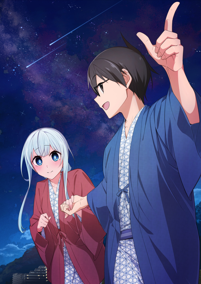 1boy 1girl absurdres ashida_mamoru black_hair blue_eyes blush glasses gotokuayashi highres japanese_clothes long_hair looking_at_viewer looking_back mashiro_madoke night night_sky open_mouth outdoors sensei_ore_ni_kamawazu_itte_kudasai!! shooting_star short_hair sky smile star_(sky) starry_sky white_hair wide_sleeves