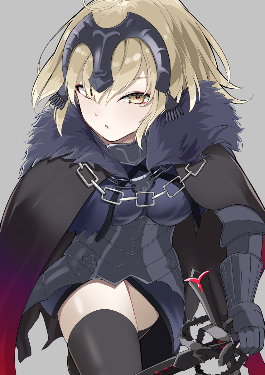1girl absurdres armor armored_dress black_dress black_thighhighs blonde_hair breasts chain collar dress fate/grand_order fate_(series) faulds gauntlets headpiece highres jeanne_d'arc_alter_(avenger)_(fate) jeanne_d'arc_alter_(fate) large_breasts looking_at_viewer metal_collar nigori_(keydoor) plackart short_hair solo sword thighhighs thighs weapon yellow_eyes