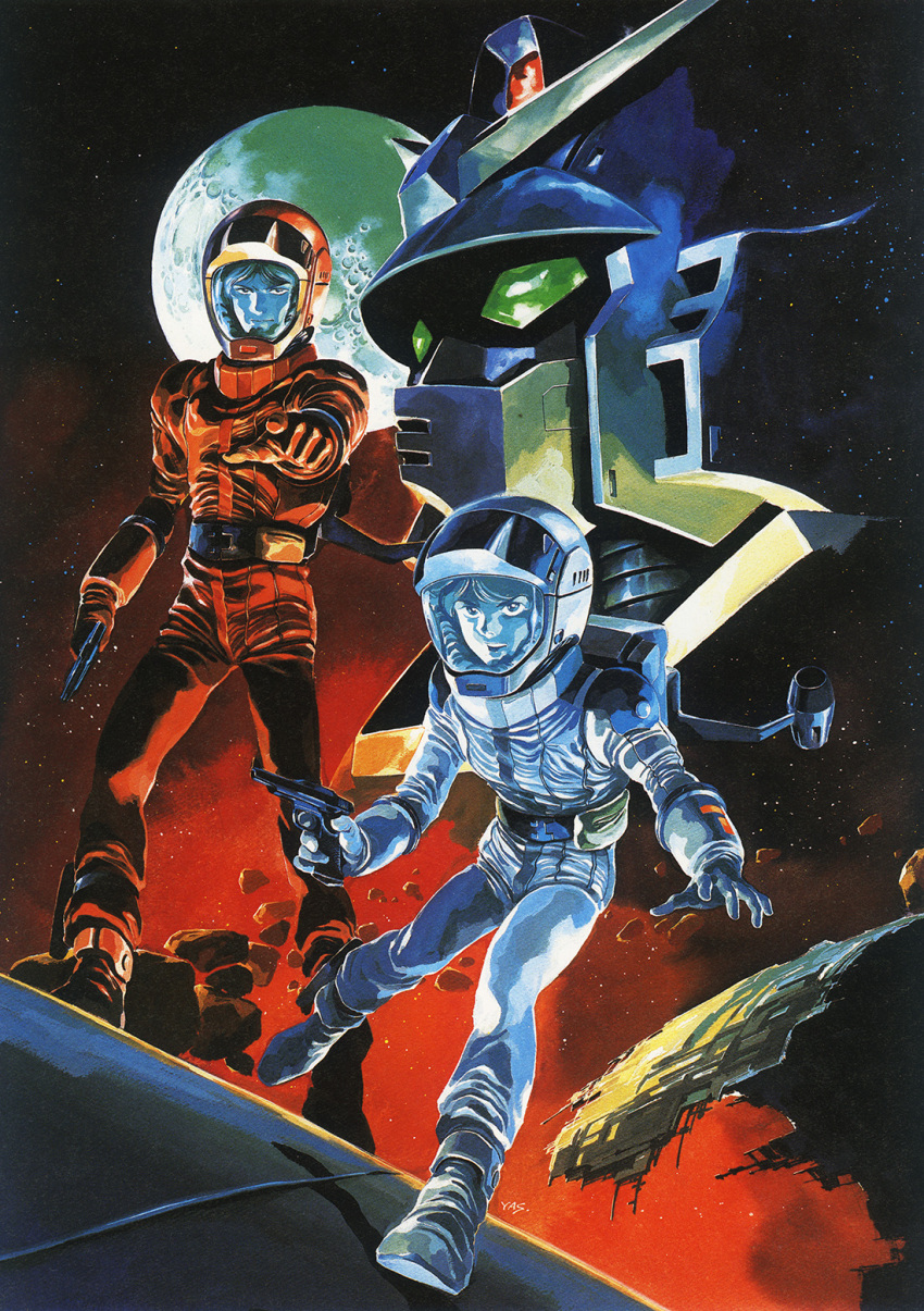 1980s_(style) 2boys gloves gun gundam gundam_mk_ii handgun helmet highres kamille_bidan machinery mecha mobile_suit moon multiple_boys painting_(medium) pointing pointing_at_viewer production_art quattro_bajeena retro_artstyle robot scan science_fiction signature space space_station spacesuit traditional_media upper_body weapon yasuhiko_yoshikazu zeta_gundam