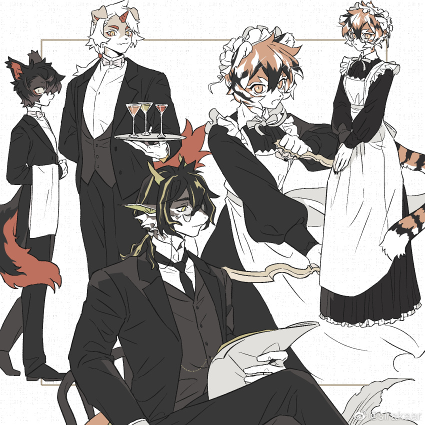 1girl 3boys aak_(arknights) animal_ears apron arknights black_hair black_jacket black_necktie black_pants black_shirt black_vest bug butler butterfly cat_boy cat_ears cocktail_glass cup dagger dog_boy dog_ears dragon_boy drinking_glass dual_wielding full_body furry furry_female furry_male gloves green_horns grey_ribbon hair_between_eyes hair_over_one_eye highres holding holding_dagger holding_knife holding_newspaper holding_plate holding_weapon horns hung_(arknights) jacket knife lee_(arknights) maid_apron maid_headdress multiple_boys multiple_views necktie newspaper orange_eyes pants plate ponytail red_horns round_eyewear shirt single_horn sirakaro slit_pupils standing tail tiger_ears tiger_girl tiger_tail towel_on_arm vest waai_fu_(arknights) weapon white_apron white_background white_gloves white_shirt