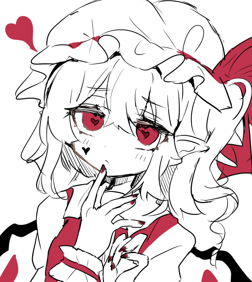 1girl closed_mouth flandre_scarlet hair_between_eyes hat head_tilt heart heart-shaped_pupils highres looking_at_viewer medium_hair mob_cap nail_polish one_side_up pointy_ears puffy_short_sleeves puffy_sleeves ramochi red_eyes red_nails red_ribbon red_vest ribbon ribbon-trimmed_headwear ribbon_trim shirt short_sleeves simple_background solo spot_color symbol-shaped_pupils touhou upper_body vest white_background wings wrist_cuffs