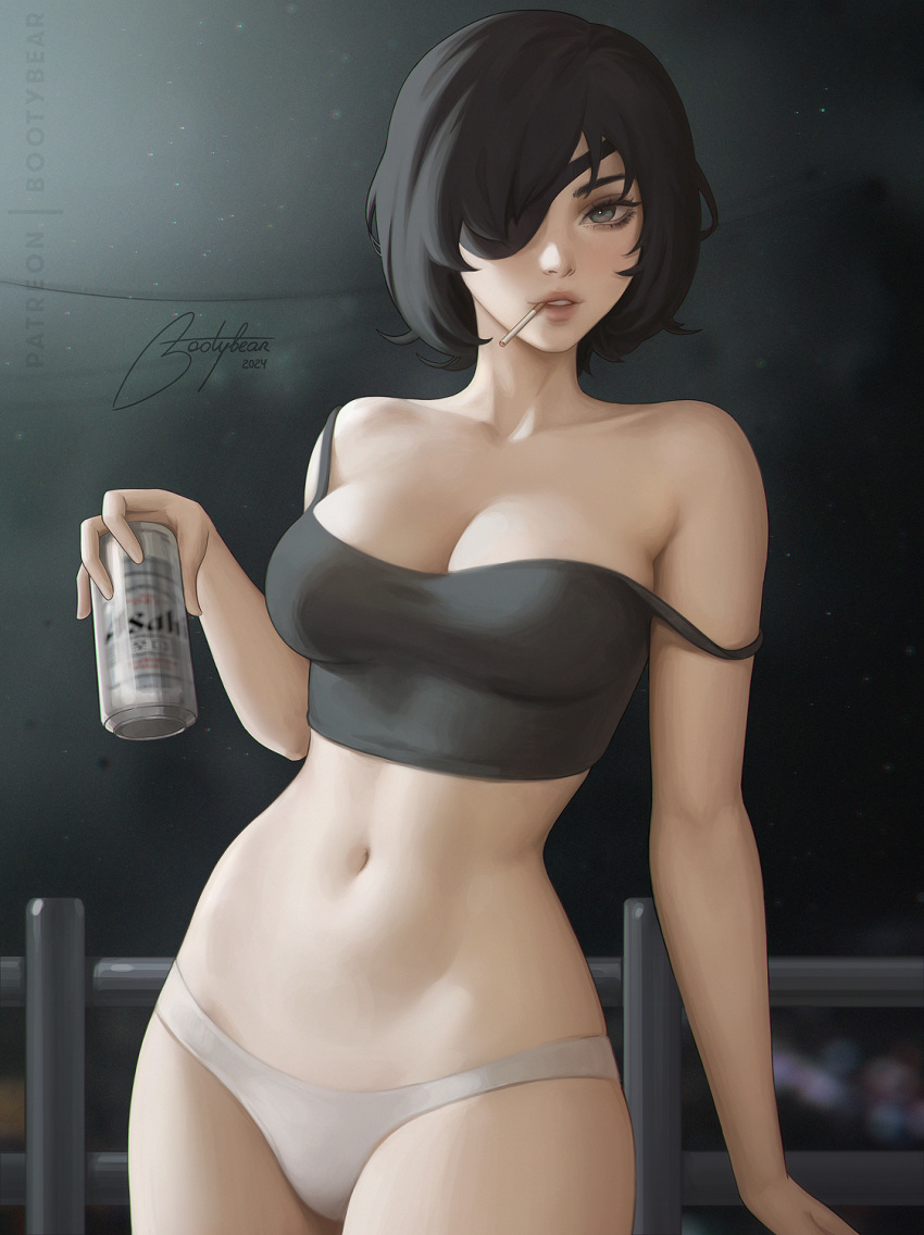 1girl beer_can black_camisole black_hair bootybear breasts camisole can chainsaw_man cigarette drink_can eyepatch green_eyes highres himeno_(chainsaw_man) large_breasts lips looking_at_viewer mouth_hold navel panties short_hair signature solo strap_slip underwear white_panties