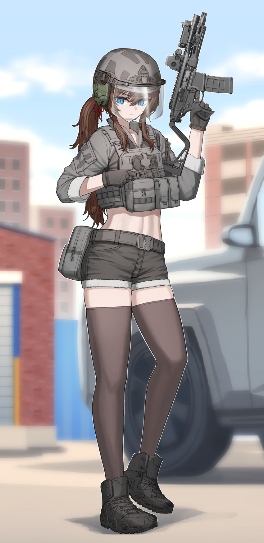 1girl absurdres black_footwear black_gloves black_jacket black_skirt black_thighhighs blue_eyes boots brown_hair bulletproof_vest cellphone cheogtanbyeong closed_mouth combat_helmet commission cropped_jacket ear_protection flashlight full_body gloves gun helmet highres jacket laser_sight long_hair looking_down magazine_(object) microphone midriff optical_sight original outdoors phone ponytail pouch rifle sidelocks sig_mcx skirt sleeves_rolled_up smartphone solo termichan_(not-a-bot) thighhighs trigger_discipline visor_(armor) weapon