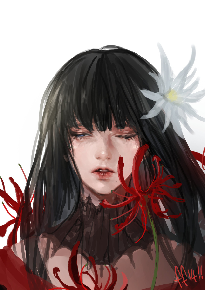 1girl absurdres alternate_eye_color black_collar black_hair blue_eyes collar copyright_name expressionless final_fantasy final_fantasy_xiv flower half-closed_eye highres hyur long_hair looking_to_the_side mole mole_under_mouth no_lineart one_eye_closed painterly parted_lips portrait red_flower red_lips red_trim rugi_rugi sideways_glance simple_background sketch solo spider_lily white_background white_flower yotsuyu_goe_brutus