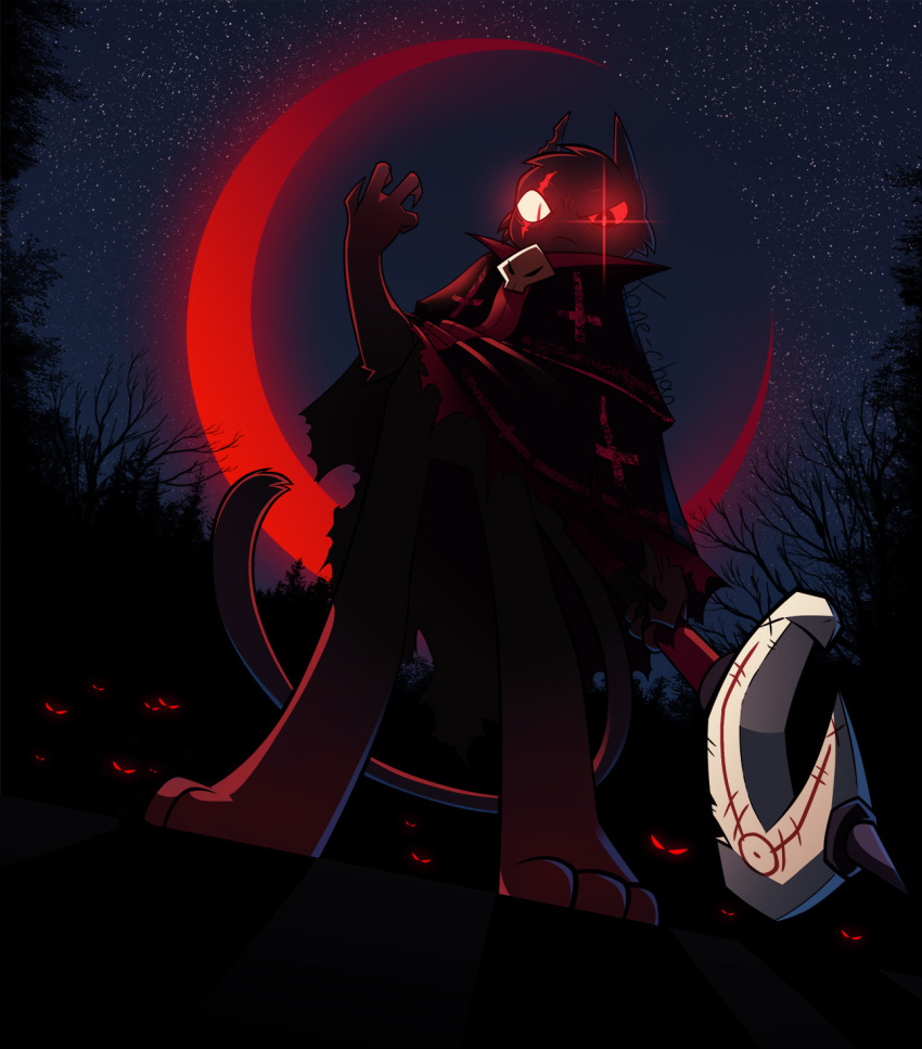 anthro aym_(cult_of_the_lamb) clothed clothing crescent_moon cult_of_the_lamb domestic_cat felid feline felis frown hi_res holding_object holding_weapon male mammal massive_monster_(studio) moon night outside red_eyes sky solo staff standing tonechan weapon