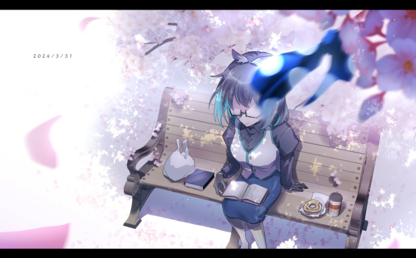 1girl bag bench black_gloves blue_skirt book closed_mouth coffee_cup collared_shirt commentary cup dated disposable_cup doughnut faceless faceless_female falling_petals feet_out_of_frame flower food gloves grey_pantyhose grey_shirt grey_wings head_wings highres kuzuhana letterboxed medium_bangs nanashi_inc. oura_rukako oura_rukako_(1st_costume) pantyhose pencil_skirt petals pink_flower plastic_bag shirt short_hair sitting skirt smile solo vest virtual_youtuber white_vest wings wrapper