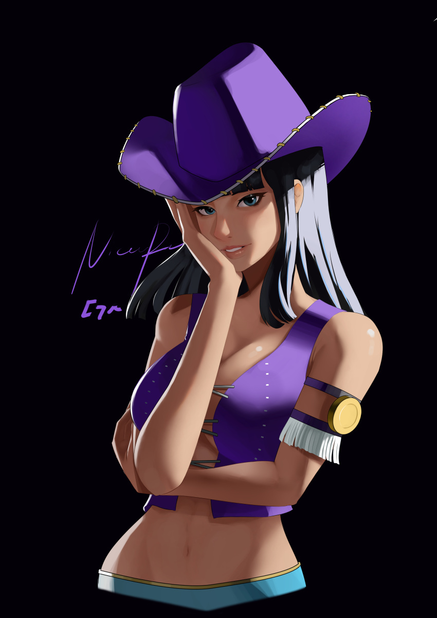 1girl absurdres any_emu_7725 armlet black_background black_hair blue_eyes blunt_bangs character_name commentary cowboy_hat crop_top cropped_torso cross-laced_clothes cross-laced_top english_commentary hand_on_own_face hat highres medium_hair nico_robin one_piece purple_hat purple_shirt shirt sidelighting sleeveless sleeveless_shirt smile solo