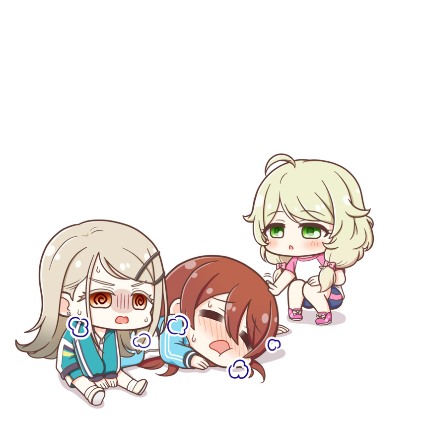 3girls =_= @_@ ahoge berude blonde_hair blush brown_hair chibi chibi_only exhausted gakuen_idolmaster headpat heavy_breathing highres idolmaster idolmaster_cinderella_girls idolmaster_shiny_colors in-franchise_crossover jacket light_brown_hair looking_ahead looking_at_another lying multiple_girls nose_blush on_side osaki_tenka raglan_sleeves shinosawa_hiro simple_background sitting squatting sweat track_jacket white_background yusa_kozue