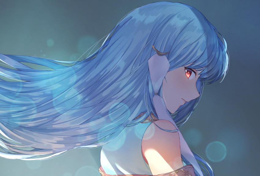 1girl blue_hair closed_mouth edamameoka fire_emblem fire_emblem:_the_blazing_blade floating_hair grey_background highres lens_flare looking_at_viewer looking_to_the_side ninian_(fire_emblem) profile red_eyes short_hair solo