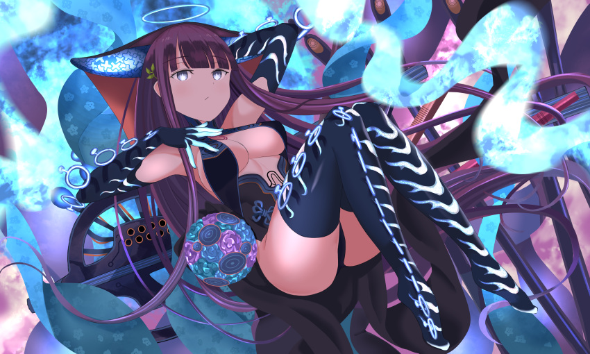 1girl absurdres arms_behind_head ass bangs bare_shoulders black_dress black_gloves black_headwear black_legwear blue_eyes blunt_bangs blush breasts center_opening closed_mouth dress elbow_gloves fate/grand_order fate_(series) floral_print flute gloves hair_ornament halo hand_on_own_chest highres huge_filesize instrument large_breasts leaf_hair_ornament legs long_hair looking_at_viewer pipa_(instrument) purple_background purple_hair sash solo thighhighs thighs tnr_(horiko1525) very_long_hair yang_guifei_(fate/grand_order)