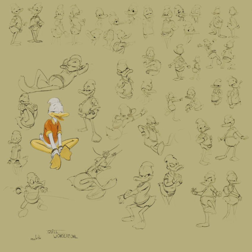 1:1 anatid anseriform anthro avian barefoot beak bird bottomless clothed clothing duck feet hands_behind_head hands_on_hips hi_res lying male narrowed_eyes on_back orange_clothing orange_topwear oselotti partially_colored quill_wonderfowl signature sitting sketch_page solo standing topwear yellow_beak