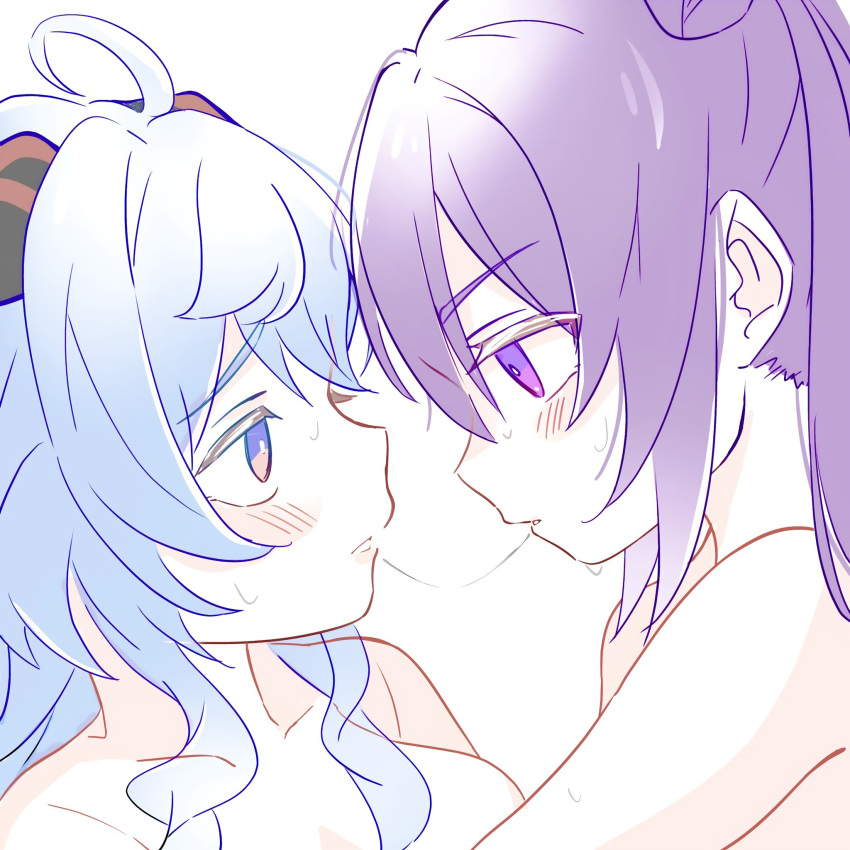 2girls after_kiss ahoge blue_hair blush commentary_request eye_contact ganyu_(genshin_impact) genshin_impact highres horns keqing_(genshin_impact) looking_at_another multiple_girls nude open_mouth purple_eyes purple_hair red_eyes saliva saliva_trail simple_background sweat tongue tongue_out twintails upper_body white_background wu_qin_(gyxx_04) yuri