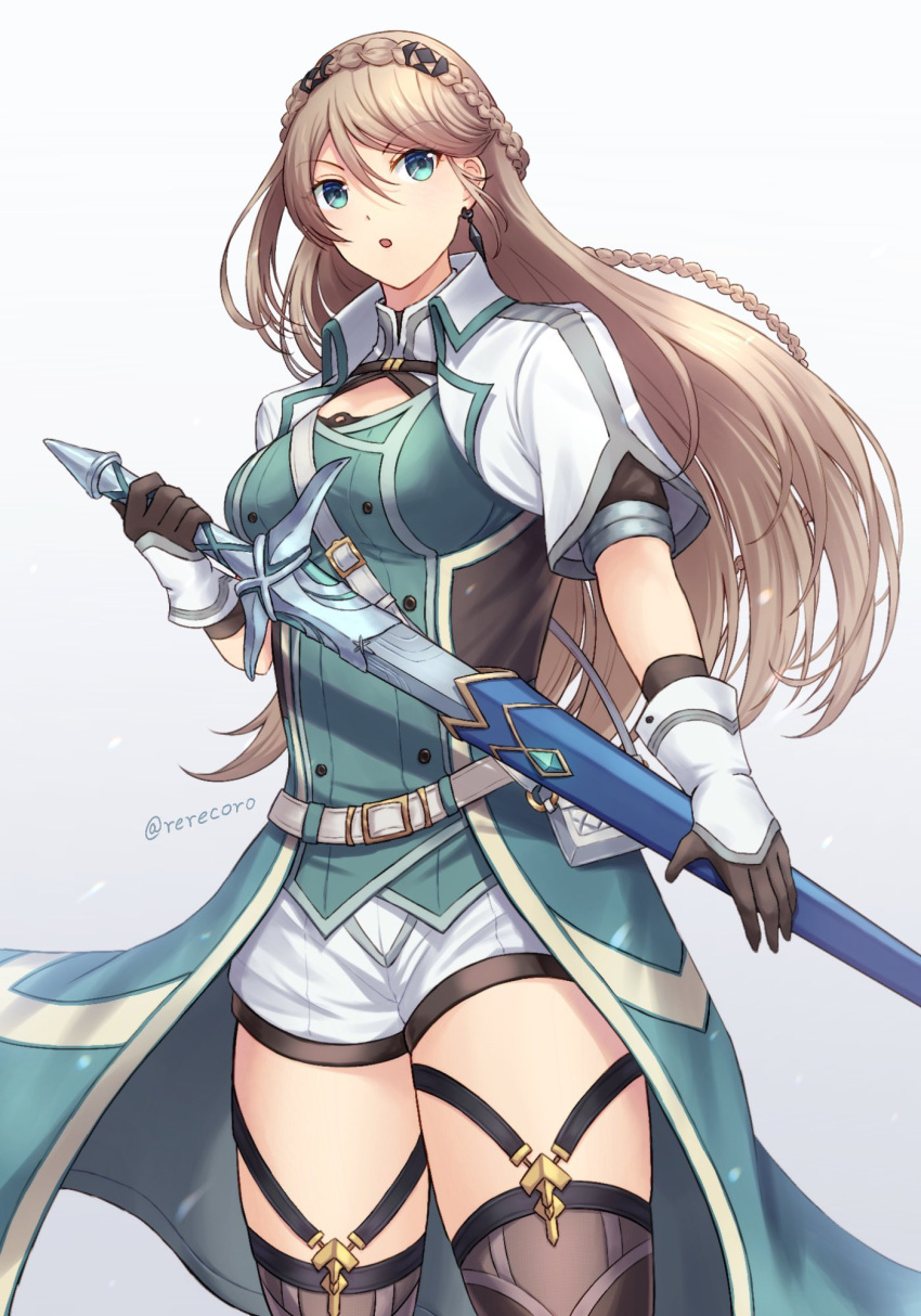 1girl braid breasts brown_gloves brown_hair coat crown_braid earrings eiyuu_densetsu elaine_auclair floating_hair gloves green_eyes hair_between_eyes highres holding holding_sword holding_weapon jewelry kuro_no_kiseki large_breasts long_hair open_clothes open_coat parted_bangs rerecoro short_sleeves simple_background single_braid solo sword thighhighs twitter_username weapon white_background