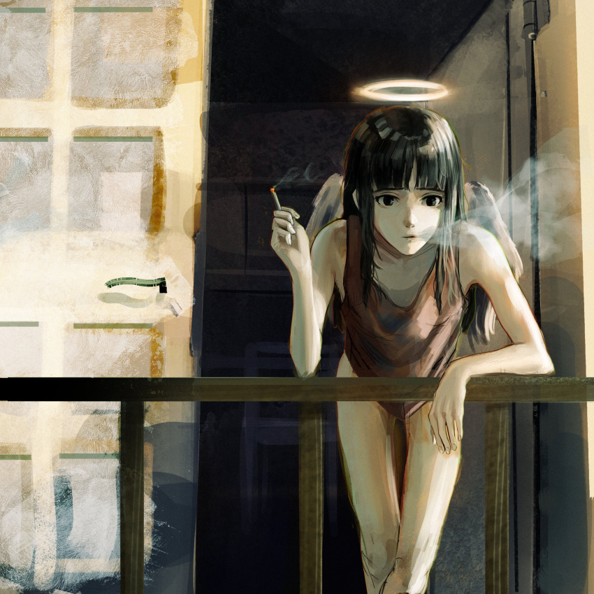 absurdres against_railing angel angel_wings balcony bare_shoulders black_eyes black_hair black_tank_top blowing_smoke blunt_bangs cigarette commentary door elbow_rest feathered_wings feet_out_of_frame grey_wings haibane_renmei halo highres leaning leaning_forward long_hair looking_afar looking_ahead loose_clothes loose_shirt no_pants open_door railing reki_(haibane) seventbs shirt smoke smoking standing tank_top wings