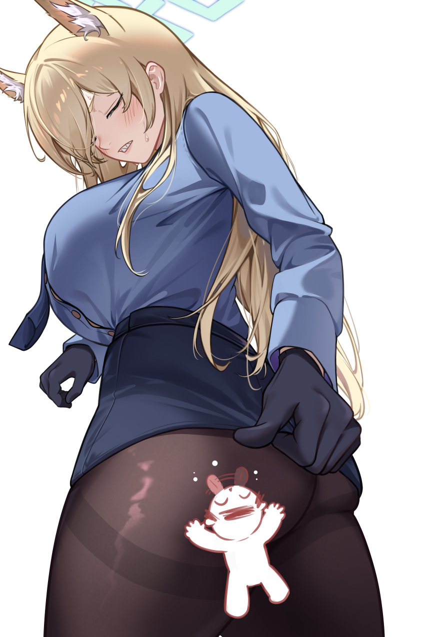 1boy 1girl absurdres animal_ear_fluff animal_ears ass black_gloves black_pantyhose black_skirt blonde_hair blue_archive blue_halo blue_shirt blush breasts clenched_teeth closed_eyes collared_shirt cowboy_shot doodle_sensei_(blue_archive) extra_ears gloves halo highres kanna_(blue_archive) large_breasts long_hair long_sleeves pantyhose samgong sensei_(blue_archive) sharp_teeth shirt simple_background skirt teeth white_background