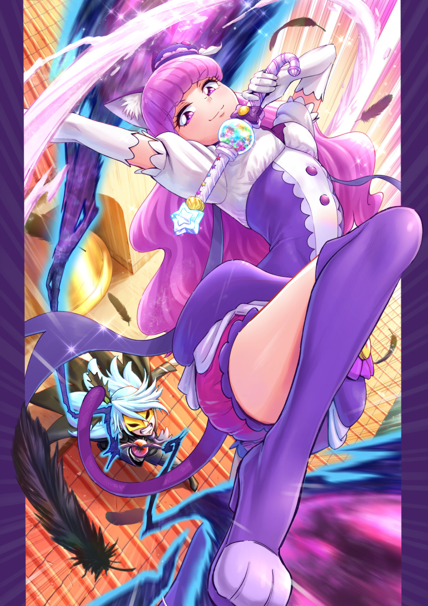 1boy 1girl animal_ears arm_up blue_hair blunt_bangs boots cat_ears cat_tail cure_macaron dress elbow_gloves feathers gloves grimace half-closed_eyes high_heel_boots high_heels highres holding holding_wand itou_shin'ichi julio_(precure) jumping kirakira_precure_a_la_mode knee_up long_hair looking_at_another looking_at_viewer magical_girl mask motion_blur pillarboxed precure purple_dress purple_eyes purple_footwear purple_hair purple_shorts rooftop short_dress short_sleeves shorts shorts_under_dress standing tail two-tone_dress wand white_dress white_gloves