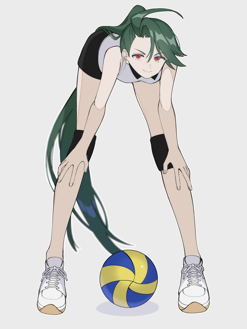 1girl ball bent_over bright_pupils green_hair gym_shirt gym_shorts gym_uniform highres kana_(kanna_runa0620) knee_pads long_legs pokemon pokemon_sv ponytail red_eyes reverse_trap rika_(pokemon) shirt shorts simple_background solo sportswear tomboy volleyball volleyball_uniform white_background white_pupils