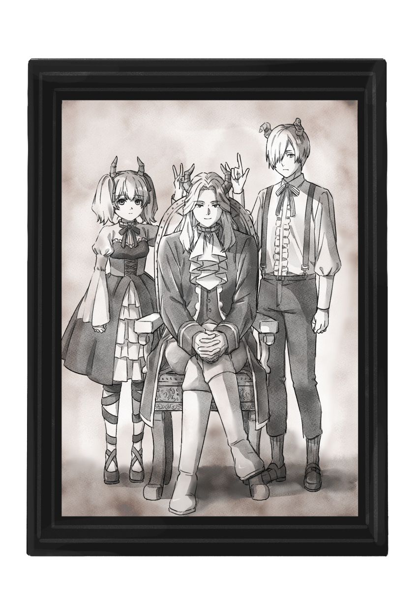 1girl 2boys \m/ arm_at_side arm_up artist_request ascot boots buttons center_frills chair check_artist coat collared_shirt commentary_request crossed_legs demon_boy demon_girl draht_(sousou_no_frieren) dress expressionless frills full_body greyscale hair_over_one_eye hair_ribbon hand_up highres horns light_smile linie_(sousou_no_frieren) looking_at_viewer lugner_(sousou_no_frieren) monochrome multiple_boys neck_ribbon official_art own_hands_clasped own_hands_together pants parted_bangs photo_(object) picture_frame ribbon sasisusesousu11 second-party_source shirt shoes simple_background sitting sousou_no_frieren standing suspenders twintails v white_background