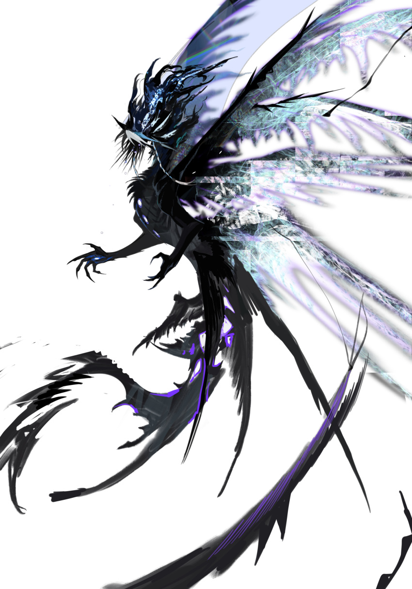 absurdres animal_focus black_feathers black_hair creature dragon feathers full_body highres kamikiririp light_particles no_humans open_mouth original solo white_background wings