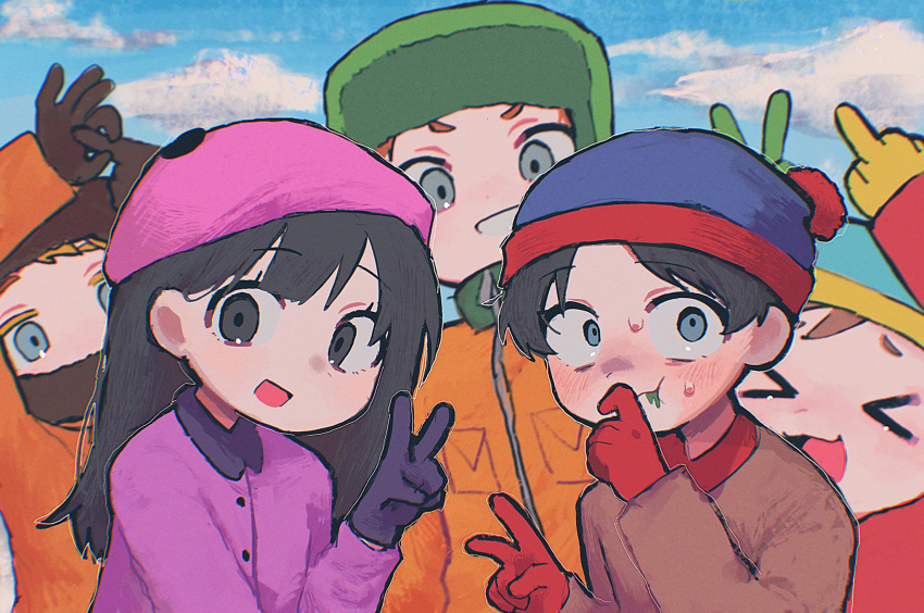 &gt;_&lt; 1girl 4boys beanie beret black_eyes black_gloves black_hair blue_eyes blush brown_jacket closed_mouth covered_mouth day gloves hands_up hat highres hood hood_up jacket kenny_mccormick kyle_broflovski long_hair long_sleeves looking_at_viewer multiple_boys omochisan216 open_mouth orange_hair orange_jacket outdoors pink_jacket red_gloves red_jacket short_hair smile south_park stan_marsh upper_body wendy_testaburger yellow_gloves