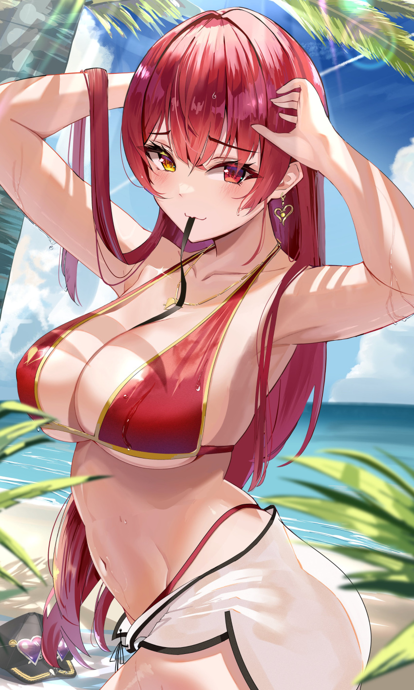 1girl absurdres alternate_costume alternate_hairstyle armpits arrow_through_heart baseball_cap beach beach_towel bikini black_hat blue_sky blush breasts cleavage cloud collarbone dolphin_shorts earrings hair_between_eyes hat heart heart-shaped_eyewear heart_necklace heterochromia highres hololive houshou_marine houshou_marine_(summer) jewelry large_breasts long_hair navel necklace official_alternate_costume official_alternate_hairstyle palm_tree puripuri red_bikini red_eyes red_hair short_shorts shorts sidelocks single_earring sky solo sparkle stomach straight_hair string_bikini summer swimsuit tinted_eyewear towel tree unworn_hat unworn_headwear virtual_youtuber water_drop wet wet_shorts white_shorts yellow_eyes