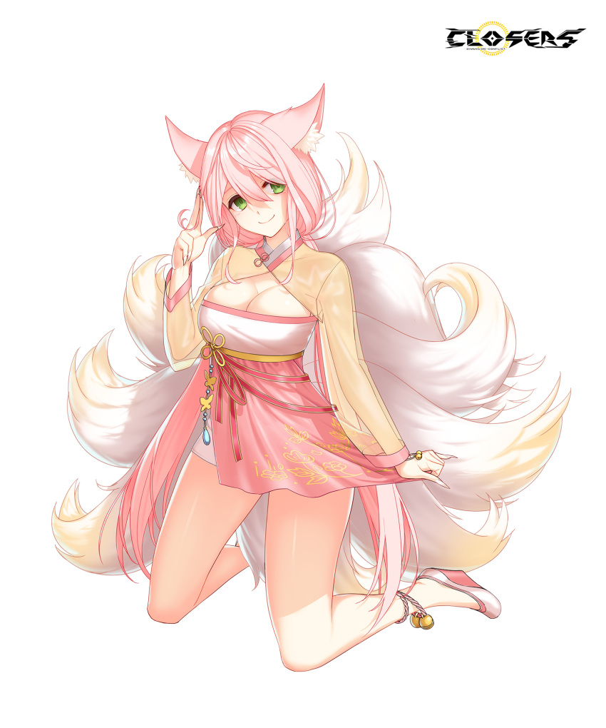 1girl alternate_hair_color animal_ear_fluff animal_ears ankle_bell breasts cleavage cleavage_cutout closed_mouth closers clothing_cutout copyright_name dress dress_tug fingernails fox_ears fox_girl fox_tail full_body green_eyes hand_up high_heels highres kitsune kneeling kyuubi large_breasts layered_dress logo long_fingernails long_hair long_sleeves looking_at_viewer low_twintails multiple_tails official_art pink_dress pink_hair salute see-through see-through_sleeves smile solo soma_(closers) tachi-e tail twintails two-finger_salute two-tone_dress wedge_heels white_background white_footwear yellow_dress yellow_sleeves yellow_tail