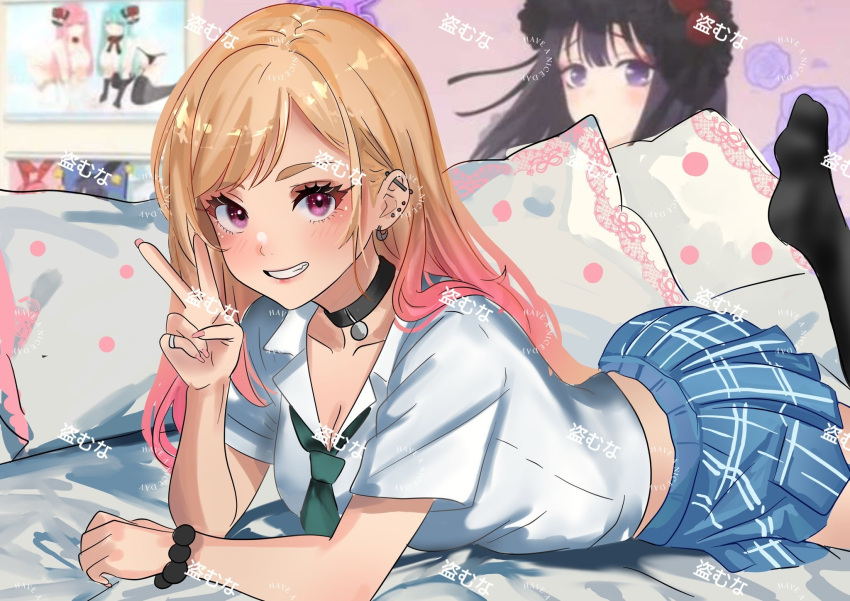 1girl bed black_choker black_thighhighs blue_skirt breasts bubblegumiiarts choker cleavage ear_piercing gradient_hair highres kitagawa_marin kuroe_shizuku long_hair looking_at_viewer lying medium_breasts multicolored_hair nail_polish on_stomach orange_hair piercing pink_hair pink_nails poster_(object) red_eyes school_uniform shirt skirt smile solo sono_bisque_doll_wa_koi_wo_suru teeth thighhighs v watermark white_shirt