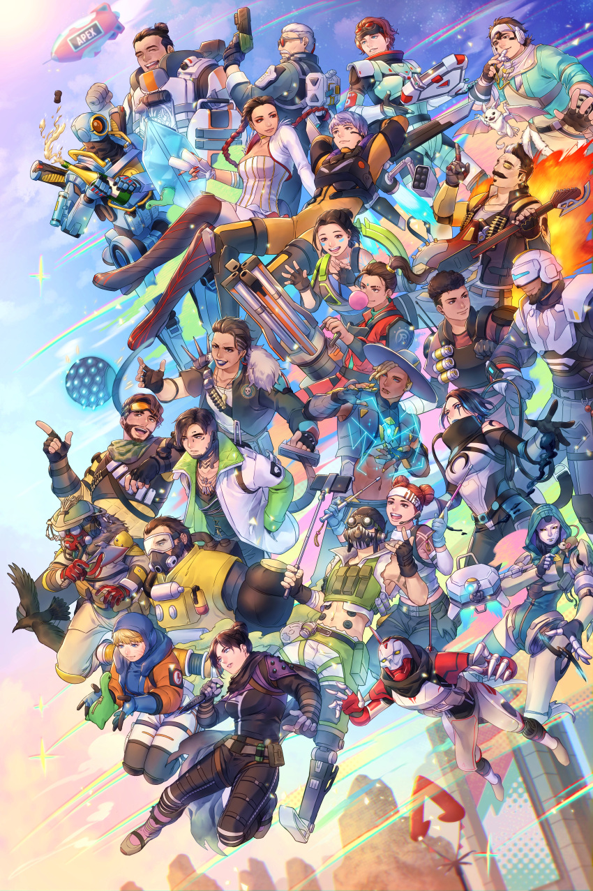 absurdres aircraft apex_legends beard bird black_hair blonde_hair blue_eyes braid brown_hair champagne_bottle character_request closed_eyes crypto_(apex_legends) dirigible facial_hair fingerless_gloves gloves hat highres holding holding_knife knife lifeline_(apex_legends) mask multiple_boys multiple_girls navel nessie_(respawn) octane_(apex_legends) open_mouth pathfinder_(apex_legends) rampart_(apex_legends) robot scar shock_sticks_(apex_legends) smile stuffed_toy user_xukf7723 wattson_(apex_legends)