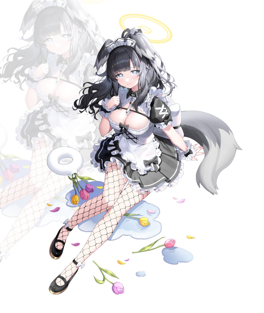 1girl absurdres alternate_costume animal_ears apron black_bow black_dress black_footwear black_hair blue_archive bow breasts cleavage closed_mouth dress enmaided fishnet_pantyhose fishnets floating_hair frilled_dress frills full_body grey_eyes grey_hair halo hibiki_(blue_archive) highres long_hair looking_at_viewer maid maid_apron maid_headdress mary_janes multicolored_hair pantyhose scrunchie shoes short_sleeves simple_background smile tail white_apron white_background white_scrunchie wrist_scrunchie yuri_(chocho_q)