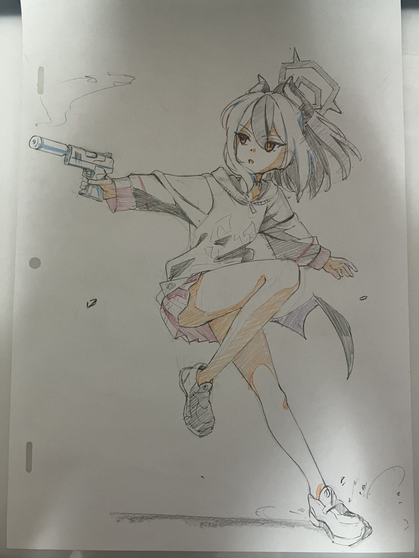 1girl black_hair blue_archive colored_pencil_(medium) full_body gun h&amp;k_p30 halo handgun highres holding holding_gun holding_weapon hood hoodie horns kayoko_(blue_archive) looking_to_the_side low_wings miniskirt multicolored_hair open_mouth papiyon1297 photo_(medium) shoes single_wing sketch skirt smoke smoking_gun sneakers solo suppressor traditional_media two-tone_hair weapon white_hair wings