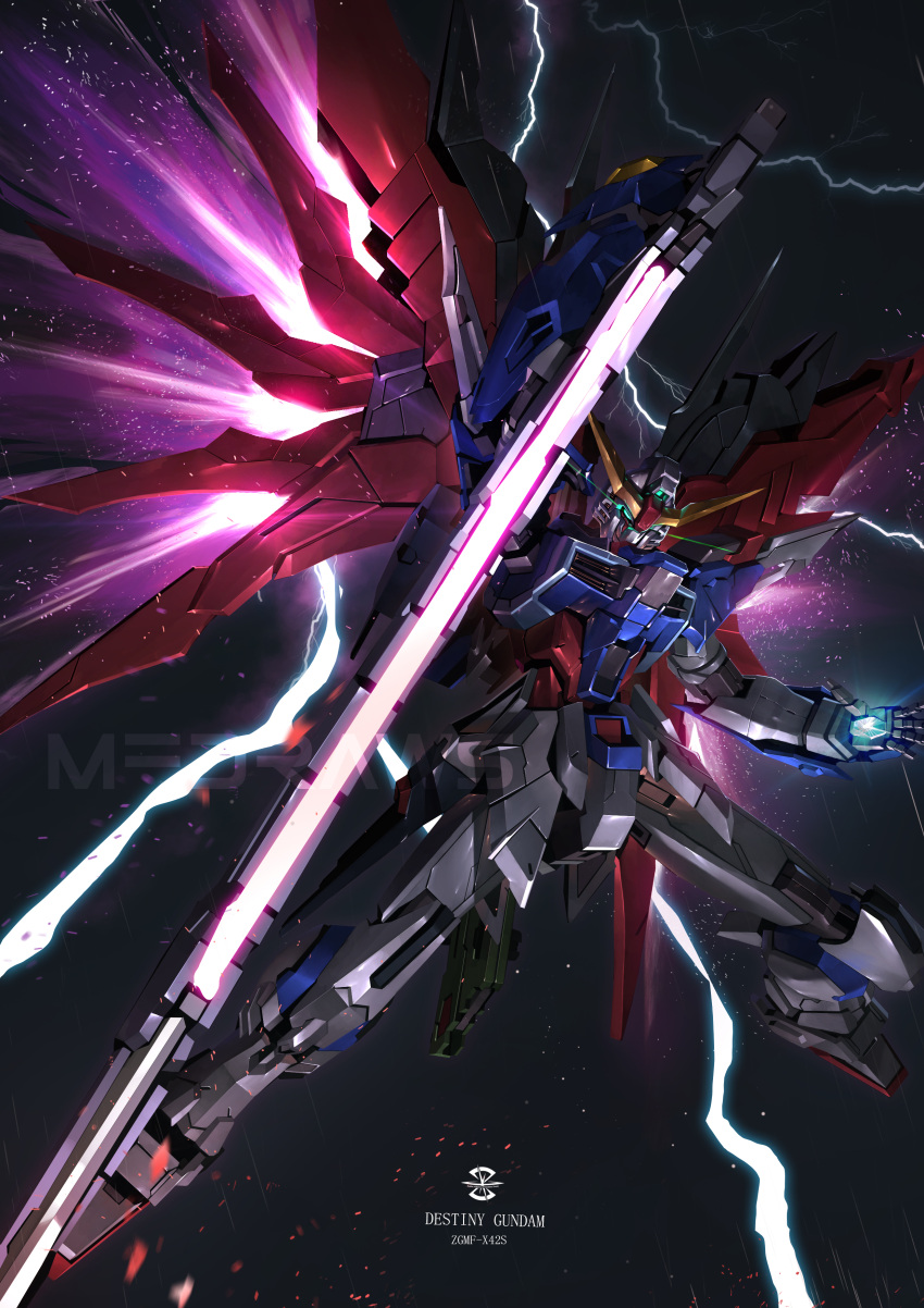 absurdres brayanong999 character_name destiny_gundam energy_sword eye_trail full_body glowing glowing_eyes glowing_hand green_eyes gundam gundam_seed gundam_seed_destiny highres holding holding_sword holding_weapon legs_apart light_particles light_trail lightning looking_at_viewer mecha mecha_focus mechanical_wings mobile_suit no_humans open_hand robot science_fiction solo sword v-fin weapon wings