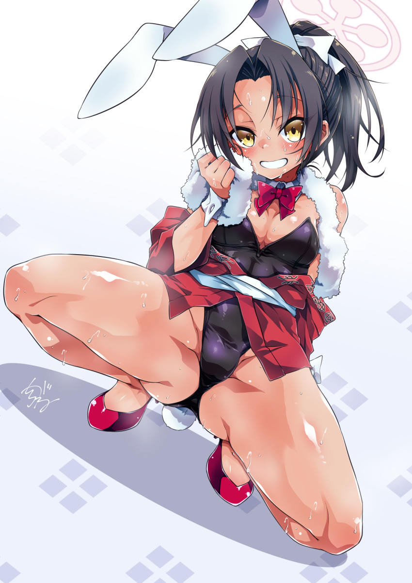 1girl animal_ears bare_legs black_hair black_leotard blue_archive bow bowtie breasts brown_eyes dark-skinned_female dark_skin detached_collar halo highleg highleg_leotard highres leotard long_hair medium_breasts playboy_bunny ponytail rabbit_ears red_bow red_bowtie red_footwear rickshaw_student_(blue_archive) shirogane_(cufsser) solo steam strapless strapless_leotard sweat tan towel towel_around_neck variant_set very_sweaty white_towel wrist_cuffs