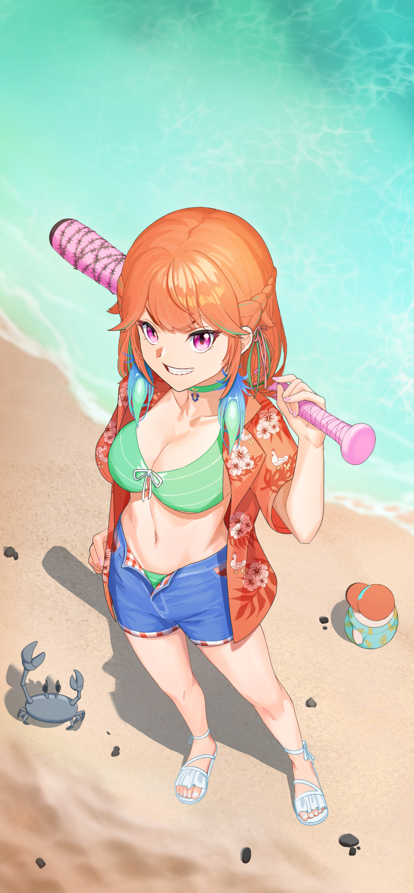 1girl absurdres aqua_bikini aqua_choker baseball_bat beach bikini bikini_under_clothes blue_shorts breasts crab earrings feather_earrings feathers floral_print floral_print_shirt foreshortening from_above full_body green_hair grin hair_flaps hawaiian_shirt highres holding holding_baseball_bat holding_weapon hololive hololive_english jewelry kfp_employee_(takanashi_kiara) long_hair looking_at_viewer medium_breasts multicolored_hair nail nail_bat navel official_alternate_costume official_alternate_hairstyle orange_hair orange_shirt over_shoulder pendant_choker purple_eyes ryuu_ga_gotoku_(series) sandals shirt shorts smile solo stomach streaked_hair swimsuit takanashi_kiara takanashi_kiara_(casual) virtual_youtuber weapon weapon_over_shoulder white_footwear yger