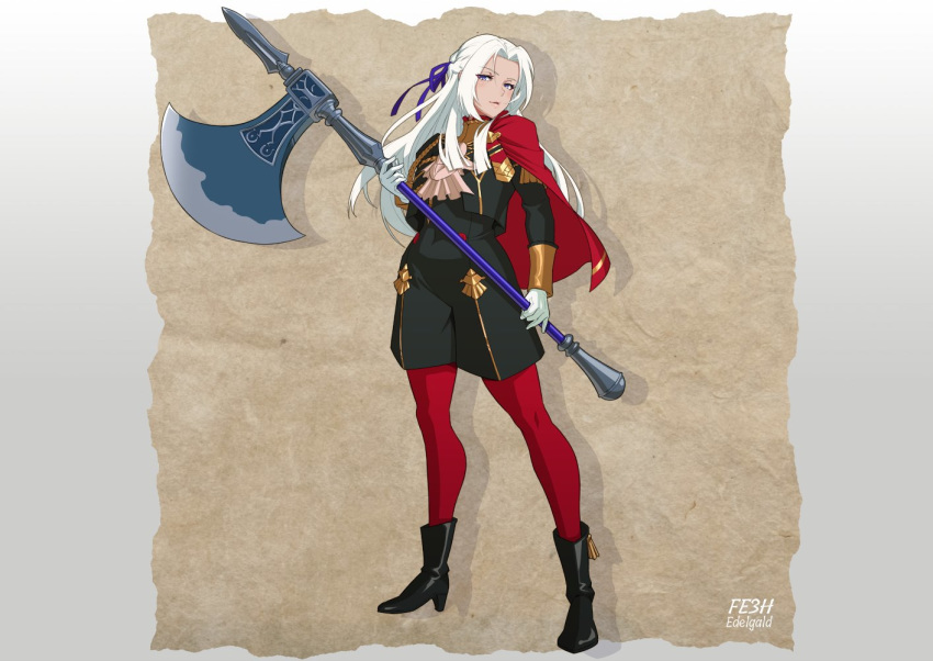 1girl ankle_boots axe black_footwear blonde_hair boots cape character_name commentary_request copyright_name edelgard_von_hresvelg fire_emblem fire_emblem:_three_houses garreg_mach_monastery_uniform gloves hair_ribbon high_heels holding holding_axe long_hair long_sleeves mikoyan pantyhose parted_lips purple_eyes red_cape red_legwear ribbon simple_background solo uniform white_gloves